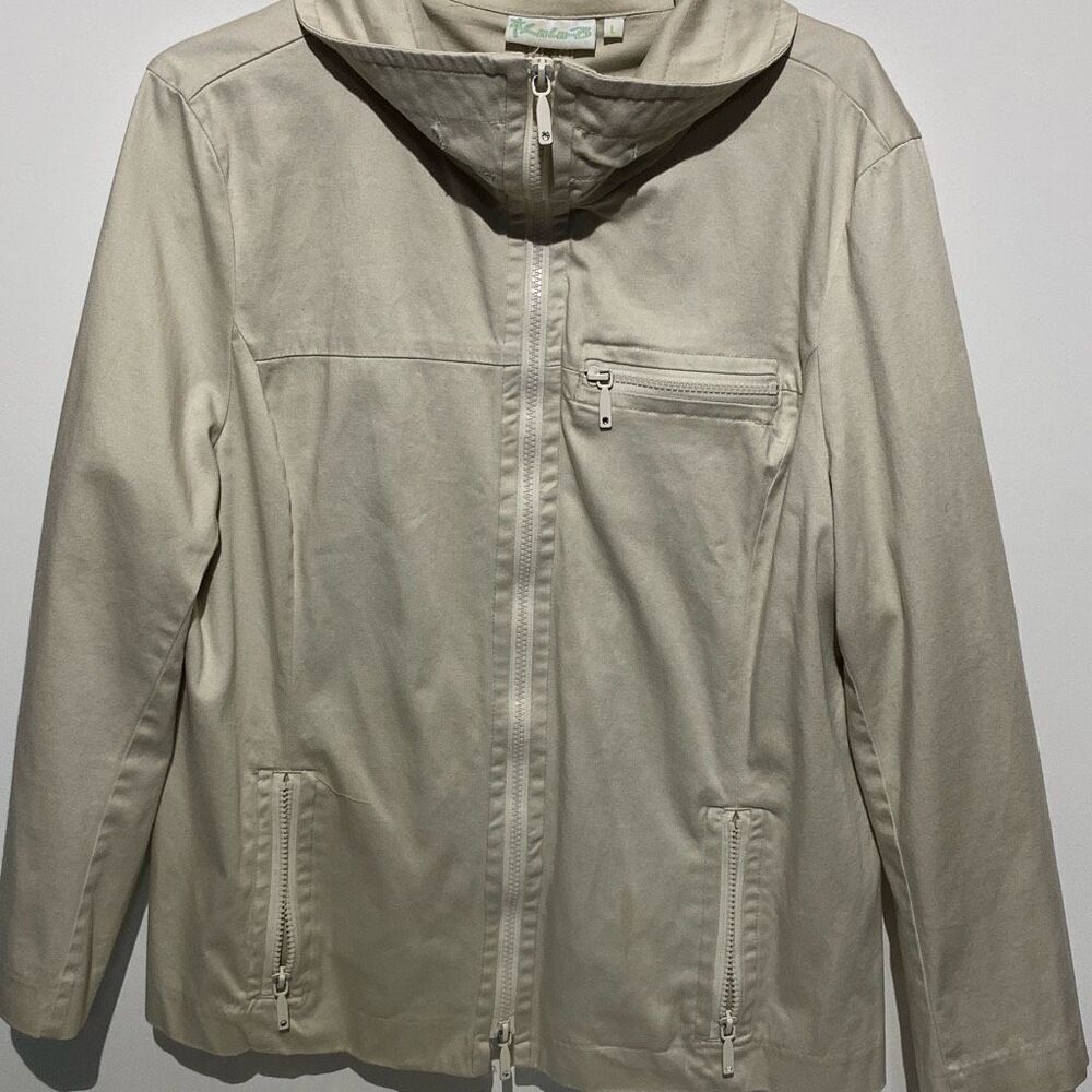 Lulu-B Womens Tan Khaki Full Zip Hooded Jacket Ruched Back Size L